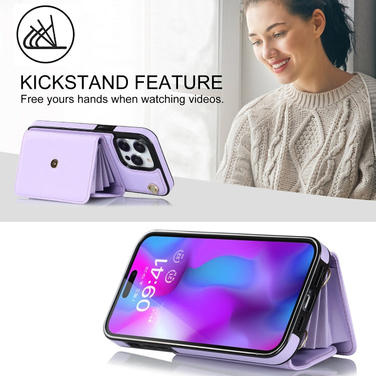 For iPhone 14 Pro RFID Card Slot Phone Case with Long Lanyard(Purple) - iPhone 14 Pro Cases by buy2fix | Online Shopping UK | buy2fix