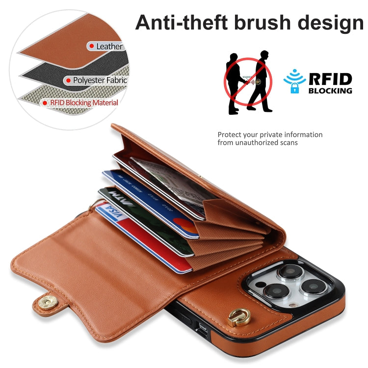 For iPhone 14 Pro RFID Card Slot Phone Case with Long Lanyard(Brown) - iPhone 14 Pro Cases by buy2fix | Online Shopping UK | buy2fix