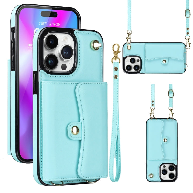 For iPhone 14 Pro Max RFID Card Slot Phone Case with Long Lanyard(Mint Green) - iPhone 14 Pro Max Cases by buy2fix | Online Shopping UK | buy2fix