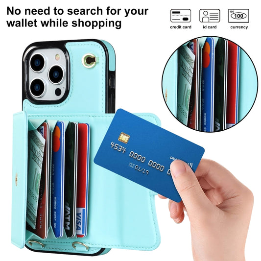 For iPhone 14 Pro Max RFID Card Slot Phone Case with Long Lanyard(Mint Green) - iPhone 14 Pro Max Cases by buy2fix | Online Shopping UK | buy2fix