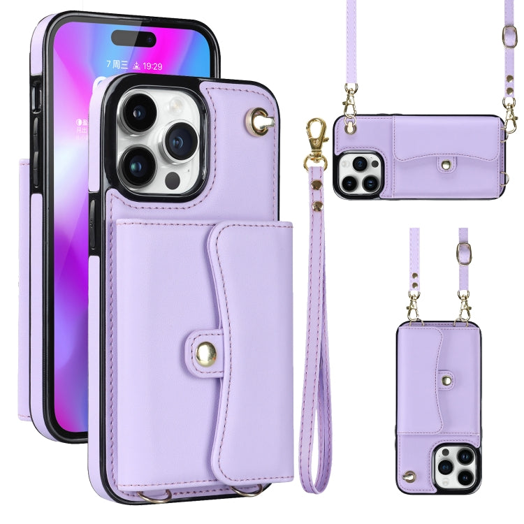 For iPhone 14 Pro Max RFID Card Slot Phone Case with Long Lanyard(Purple) - iPhone 14 Pro Max Cases by buy2fix | Online Shopping UK | buy2fix