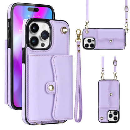 For iPhone 14 Pro Max RFID Card Slot Phone Case with Long Lanyard(Purple) - iPhone 14 Pro Max Cases by buy2fix | Online Shopping UK | buy2fix