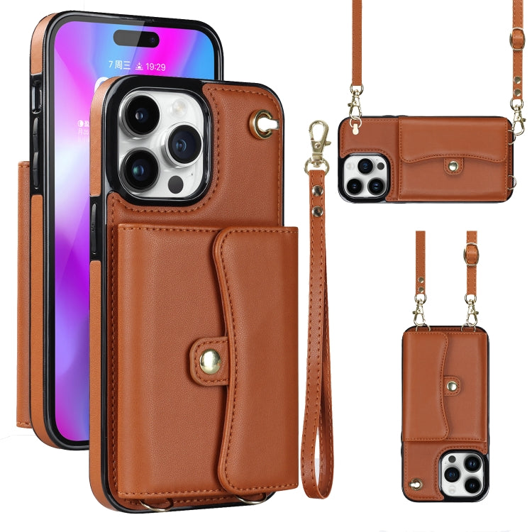 For iPhone 14 Pro Max RFID Card Slot Phone Case with Long Lanyard(Brown) - iPhone 14 Pro Max Cases by buy2fix | Online Shopping UK | buy2fix