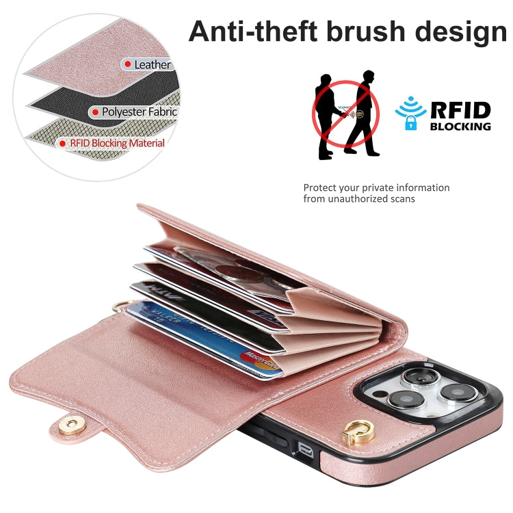 For iPhone 13 Pro Max RFID Card Slot Phone Case with Long Lanyard(Rose Gold) - iPhone 13 Pro Max Cases by buy2fix | Online Shopping UK | buy2fix