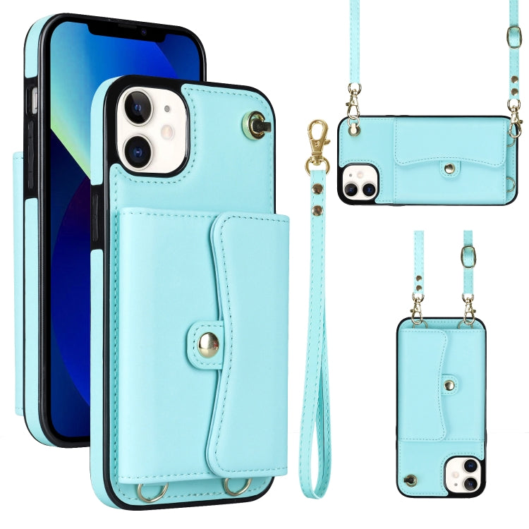 For iPhone 12 RFID Card Slot Phone Case with Long Lanyard(Mint Green) - iPhone 12 / 12 Pro Cases by buy2fix | Online Shopping UK | buy2fix
