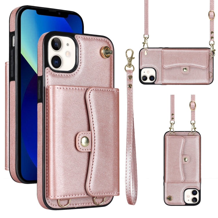 For iPhone 12 RFID Card Slot Phone Case with Long Lanyard(Rose Gold) - iPhone 12 / 12 Pro Cases by buy2fix | Online Shopping UK | buy2fix