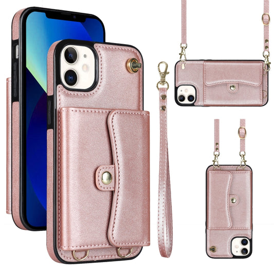 For iPhone 12 RFID Card Slot Phone Case with Long Lanyard(Rose Gold) - iPhone 12 / 12 Pro Cases by buy2fix | Online Shopping UK | buy2fix