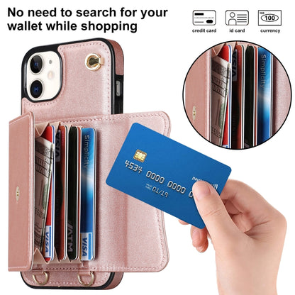 For iPhone 12 RFID Card Slot Phone Case with Long Lanyard(Rose Gold) - iPhone 12 / 12 Pro Cases by buy2fix | Online Shopping UK | buy2fix