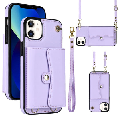 For iPhone 12 RFID Card Slot Phone Case with Long Lanyard(Purple) - iPhone 12 / 12 Pro Cases by buy2fix | Online Shopping UK | buy2fix