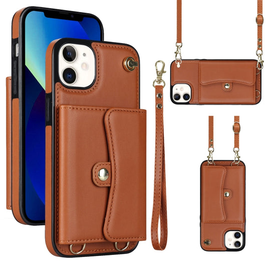 For iPhone 12 RFID Card Slot Phone Case with Long Lanyard(Brown) - iPhone 12 / 12 Pro Cases by buy2fix | Online Shopping UK | buy2fix