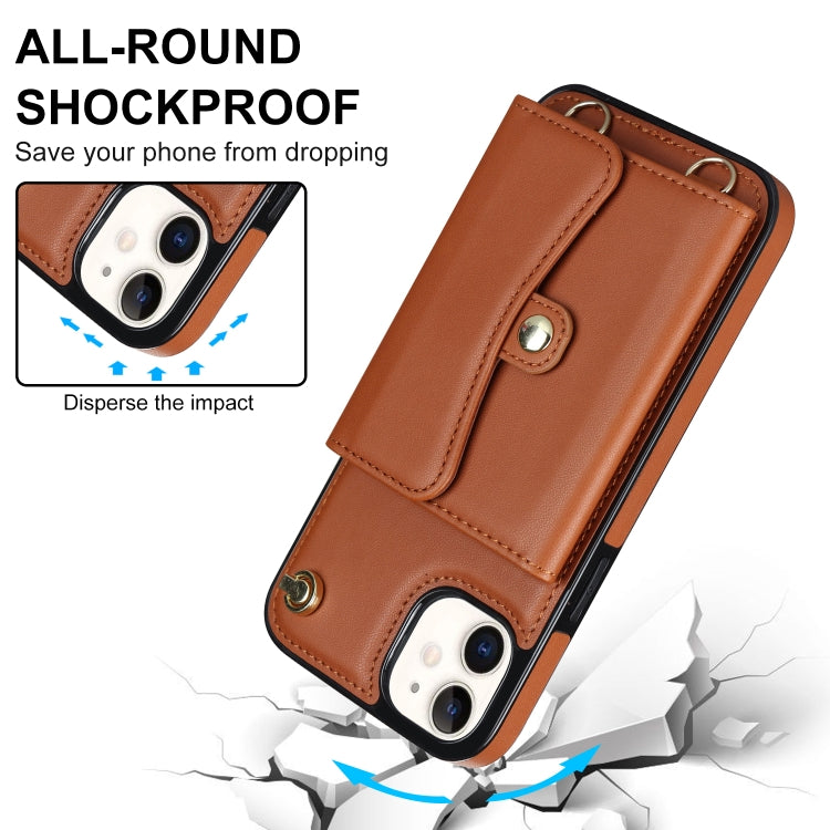 For iPhone 12 RFID Card Slot Phone Case with Long Lanyard(Brown) - iPhone 12 / 12 Pro Cases by buy2fix | Online Shopping UK | buy2fix