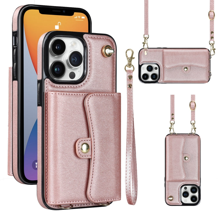 For iPhone 12 Pro RFID Card Slot Phone Case with Long Lanyard(Rose Gold) - iPhone 12 / 12 Pro Cases by buy2fix | Online Shopping UK | buy2fix