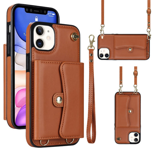 For iPhone 11 RFID Card Slot Phone Case with Long Lanyard(Brown) - iPhone 11 Cases by buy2fix | Online Shopping UK | buy2fix