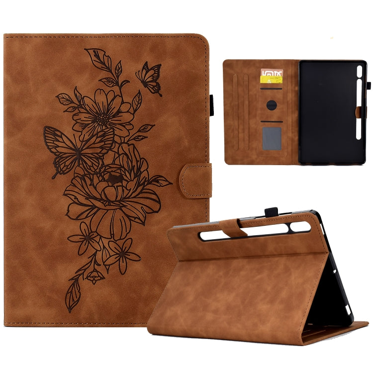 For Samsung Galaxy Tab S7 / S8 Peony Butterfly Embossed Leather Smart Tablet Case(Brown) by buy2fix