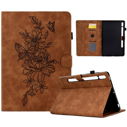 For Samsung Galaxy Tab S7 / S8 Peony Butterfly Embossed Leather Smart Tablet Case(Brown) by buy2fix