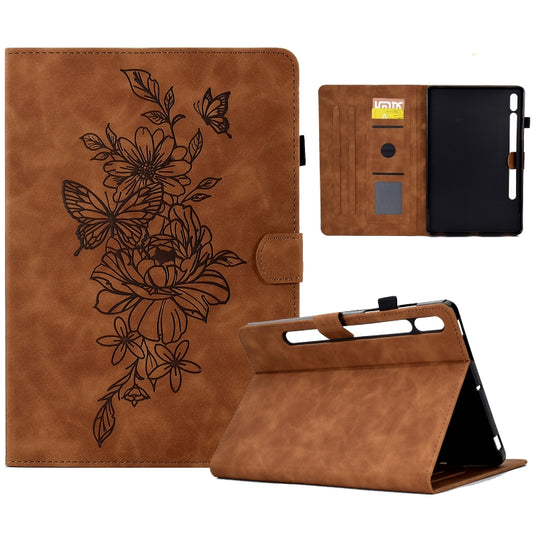 For Samsung Galaxy Tab S7 / S8 Peony Butterfly Embossed Leather Smart Tablet Case(Brown) by buy2fix