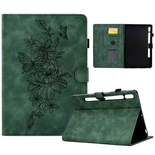 For Samsung Galaxy Tab S7 / S8 Peony Butterfly Embossed Leather Smart Tablet Case(Green) by buy2fix