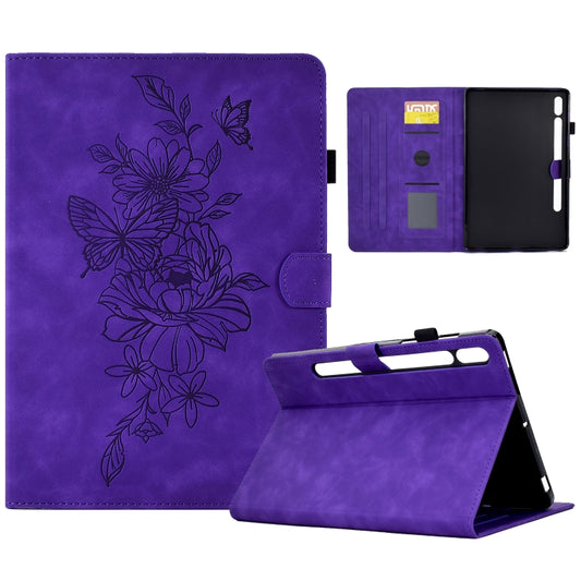 For Samsung Galaxy Tab S7 / S8 Peony Butterfly Embossed Leather Smart Tablet Case(Purple) by buy2fix