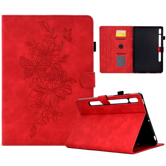 For Samsung Galaxy Tab S7 / S8 Peony Butterfly Embossed Leather Smart Tablet Case(Red) by buy2fix