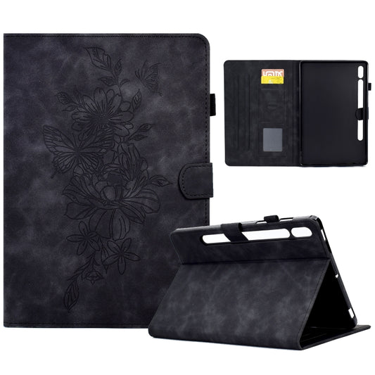 For Samsung Galaxy Tab S7 / S8 Peony Butterfly Embossed Leather Smart Tablet Case(Black) by buy2fix