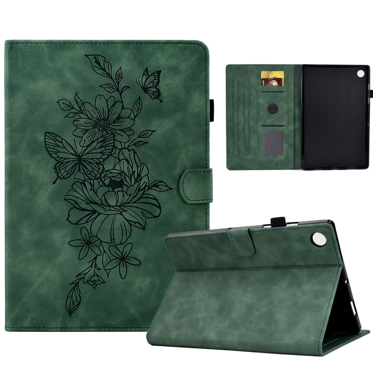 For Samsung Galaxy Tab A8 10.5 2021 X205 Peony Butterfly Embossed Leather Smart Tablet Case(Green) by buy2fix