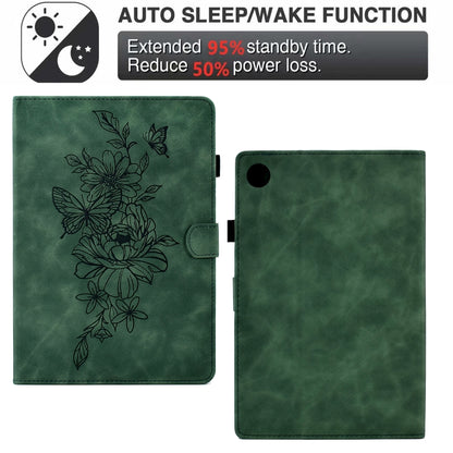 For Samsung Galaxy Tab A8 10.5 2021 X205 Peony Butterfly Embossed Leather Smart Tablet Case(Green) by buy2fix