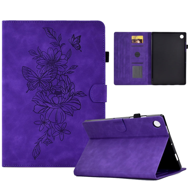 For Samsung Galaxy Tab A8 10.5 2021 X205 Peony Butterfly Embossed Leather Smart Tablet Case(Purple) by buy2fix