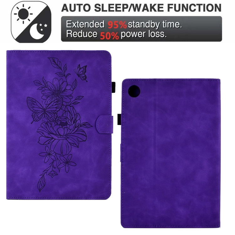 For Samsung Galaxy Tab A8 10.5 2021 X205 Peony Butterfly Embossed Leather Smart Tablet Case(Purple) by buy2fix
