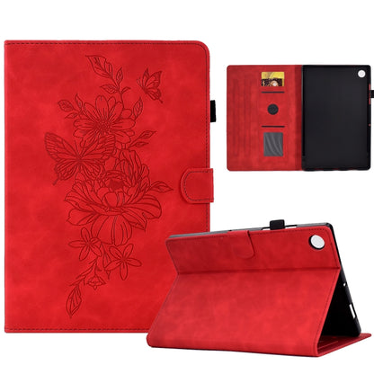 For Samsung Galaxy Tab A8 10.5 2021 X205 Peony Butterfly Embossed Leather Smart Tablet Case(Red) by buy2fix