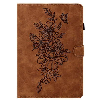 For Samsung Galaxy Tab S6 Lite P610 Peony Butterfly Embossed Leather Smart Tablet Case(Brown) by buy2fix