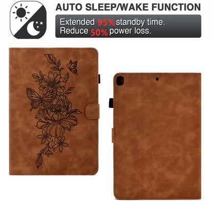 For Samsung Galaxy Tab S6 Lite P610 Peony Butterfly Embossed Leather Smart Tablet Case(Brown) by buy2fix