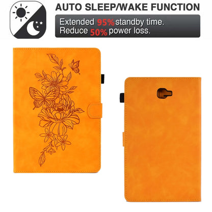 For Samsung Galaxy Tab A 10.1 2016 T580 Peony Butterfly Embossed Leather Smart Tablet Case(Khaki) by buy2fix