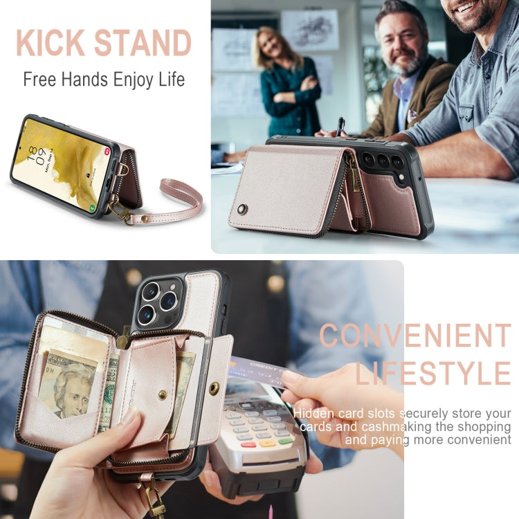 For Samsung Galaxy S23 5G JEEHOOD C22 Series Zipper Wallet Leather Phone Case with Dual Lanyard(Rose Gold) - Galaxy S23 5G Cases by JEEHOOD | Online Shopping UK | buy2fix