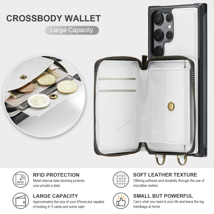For Samsung Galaxy S23 Ultra 5G JEEHOOD C22 Series Zipper Wallet Leather Phone Case with Dual Lanyard(White) - Galaxy S23 Ultra 5G Cases by JEEHOOD | Online Shopping UK | buy2fix