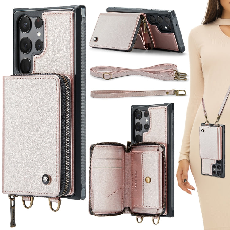 For Samsung Galaxy S23 Ultra 5G JEEHOOD C22 Series Zipper Wallet Leather Phone Case with Dual Lanyard(Rose Gold) - Galaxy S23 Ultra 5G Cases by JEEHOOD | Online Shopping UK | buy2fix