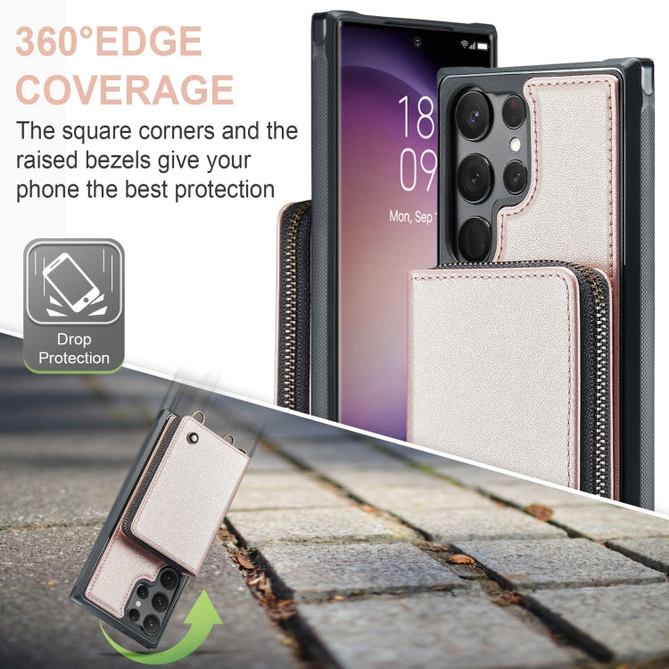 For Samsung Galaxy S23 Ultra 5G JEEHOOD C22 Series Zipper Wallet Leather Phone Case with Dual Lanyard(Rose Gold) - Galaxy S23 Ultra 5G Cases by JEEHOOD | Online Shopping UK | buy2fix