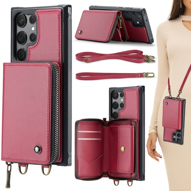 For Samsung Galaxy S23 Ultra 5G JEEHOOD C22 Series Zipper Wallet Leather Phone Case with Dual Lanyard(Red) - Galaxy S23 Ultra 5G Cases by JEEHOOD | Online Shopping UK | buy2fix