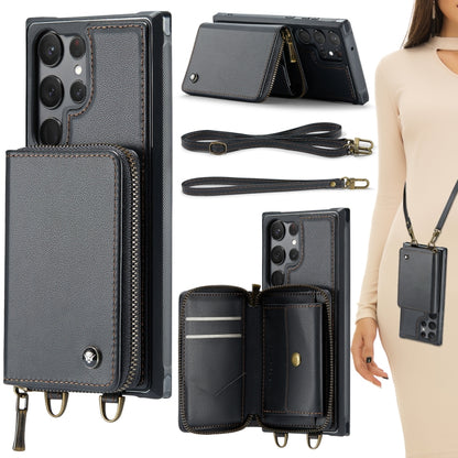 For Samsung Galaxy S23 Ultra 5G JEEHOOD C22 Series Zipper Wallet Leather Phone Case with Dual Lanyard(Black) - Galaxy S23 Ultra 5G Cases by JEEHOOD | Online Shopping UK | buy2fix