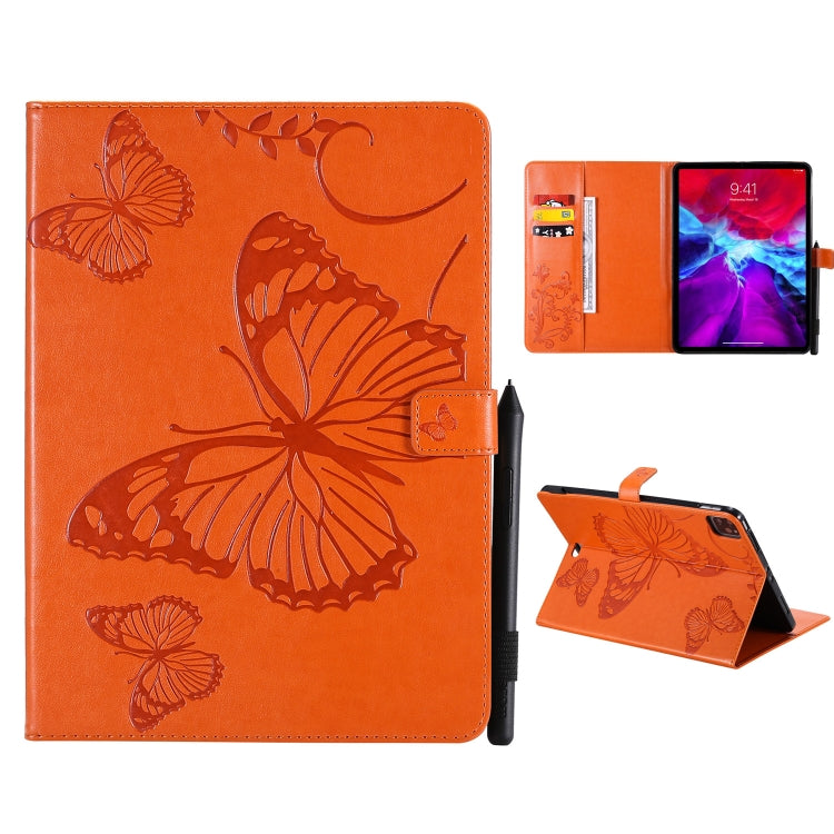 For iPad Pro 12.9 (2020) Pressed Printing Butterfly Pattern Horizontal Flip Leather Tablet Case with Holder & Card Slots & Wallet(Orange) - iPad Pro 12.9 (2020) Cases by buy2fix | Online Shopping UK | buy2fix