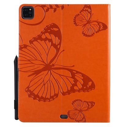 For iPad Pro 12.9 (2020) Pressed Printing Butterfly Pattern Horizontal Flip Leather Tablet Case with Holder & Card Slots & Wallet(Orange) - iPad Pro 12.9 (2020) Cases by buy2fix | Online Shopping UK | buy2fix