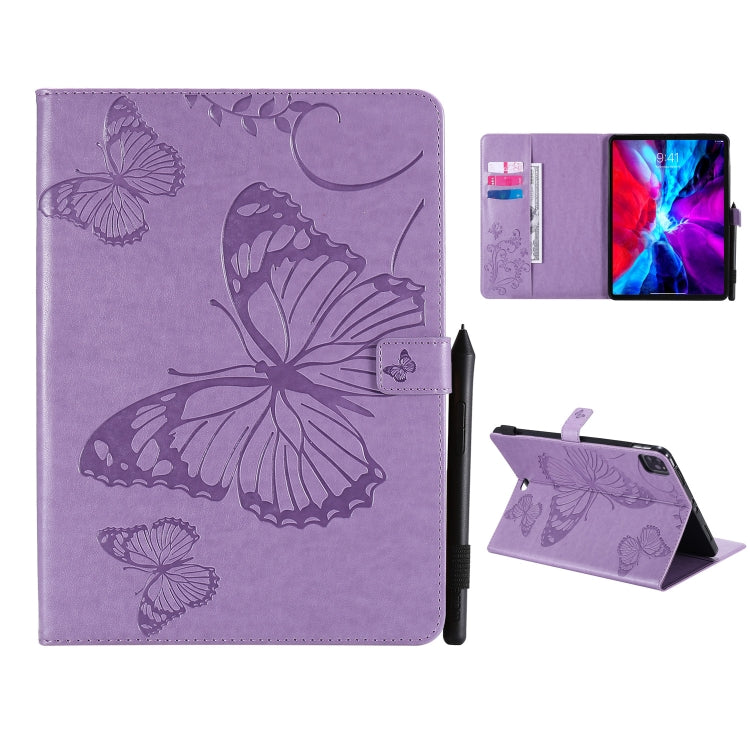 For iPad Pro 12.9 (2020) Pressed Printing Butterfly Pattern Horizontal Flip Leather Tablet Case with Holder & Card Slots & Wallet(Purple) - iPad Pro 12.9 (2020) Cases by buy2fix | Online Shopping UK | buy2fix