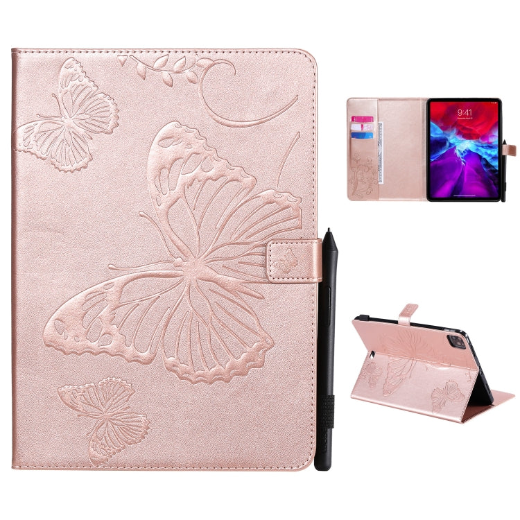 For iPad Pro 12.9 (2020) Pressed Printing Butterfly Pattern Horizontal Flip Leather Tablet Case with Holder & Card Slots & Wallet(Rose Gold) - iPad Pro 12.9 (2020) Cases by buy2fix | Online Shopping UK | buy2fix