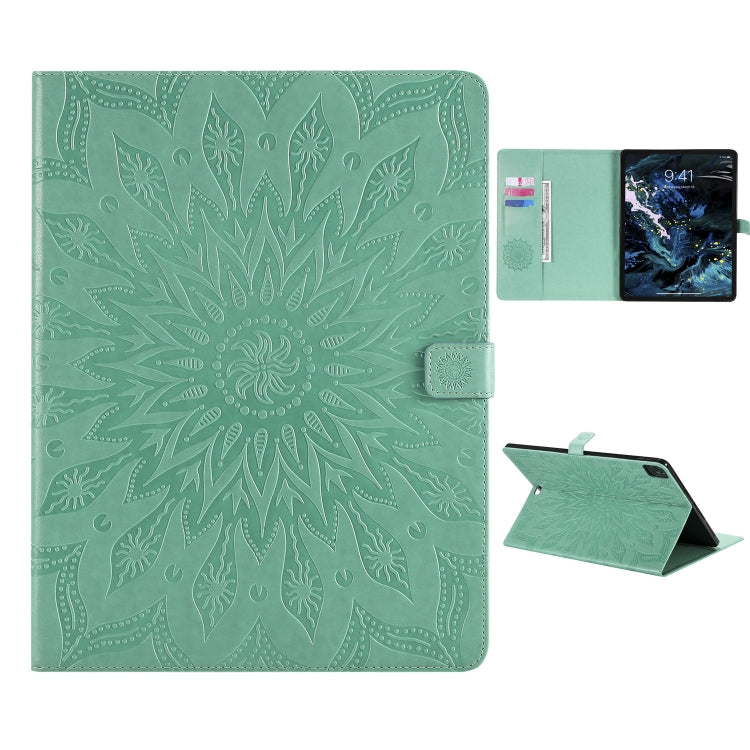 For iPad Pro 12.9 (2020) & Pro 12.9 (2018) Pressed Printing Sunflower Pattern Horizontal Flip PU Leather Tablet Case with Holder & Card Slots & Wallet(Green) - iPad Pro 12.9 (2020) Cases by buy2fix | Online Shopping UK | buy2fix