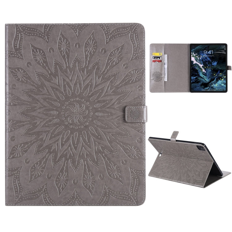 For iPad Pro 12.9 (2020)  & Pro 12.9 (2018) Pressed Printing Sunflower Pattern Horizontal Flip PU Leather Tablet Case with Holder & Card Slots & Wallet(Grey) - iPad Pro 12.9 (2020) Cases by buy2fix | Online Shopping UK | buy2fix
