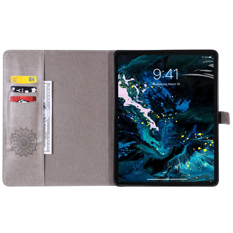 For iPad Pro 12.9 (2020)  & Pro 12.9 (2018) Pressed Printing Sunflower Pattern Horizontal Flip PU Leather Tablet Case with Holder & Card Slots & Wallet(Grey) - iPad Pro 12.9 (2020) Cases by buy2fix | Online Shopping UK | buy2fix