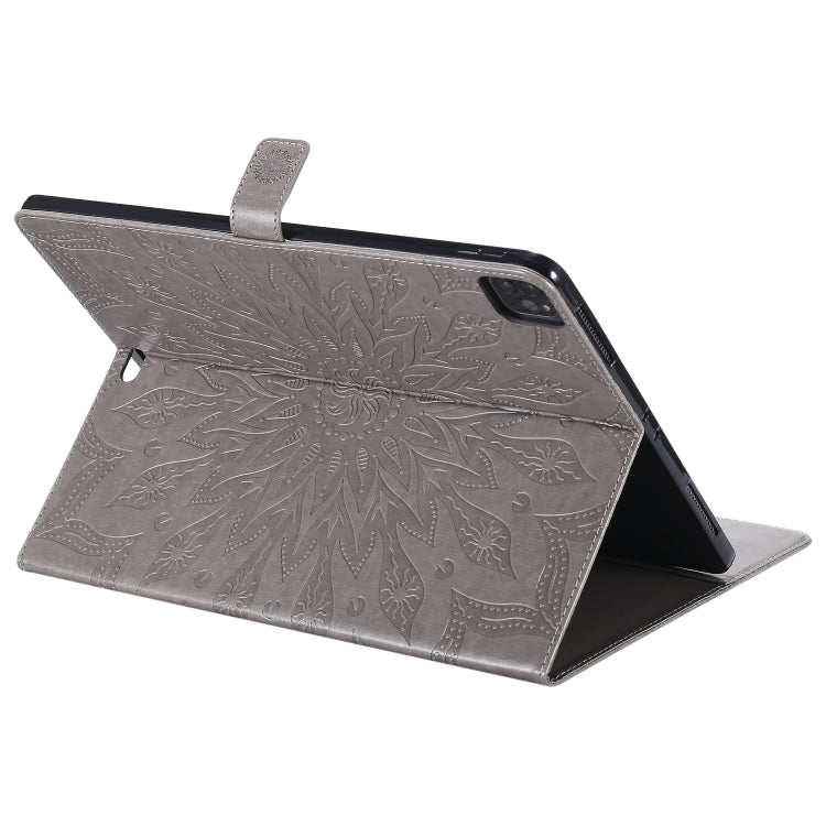 For iPad Pro 12.9 (2020)  & Pro 12.9 (2018) Pressed Printing Sunflower Pattern Horizontal Flip PU Leather Tablet Case with Holder & Card Slots & Wallet(Grey) - iPad Pro 12.9 (2020) Cases by buy2fix | Online Shopping UK | buy2fix