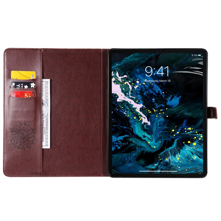 For iPad Pro 12.9 (2020)  & Pro 12.9 (2018) Pressed Printing Sunflower Pattern Horizontal Flip PU Leather Tablet Case with Holder & Card Slots & Wallet(Brown) - iPad Pro 12.9 (2020) Cases by buy2fix | Online Shopping UK | buy2fix