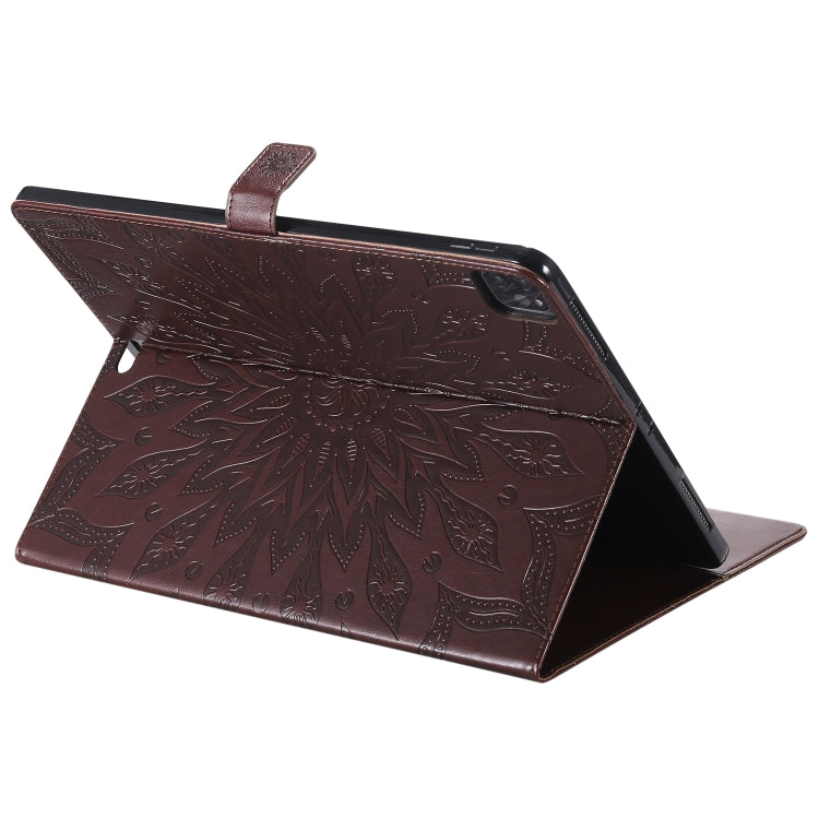 For iPad Pro 12.9 (2020)  & Pro 12.9 (2018) Pressed Printing Sunflower Pattern Horizontal Flip PU Leather Tablet Case with Holder & Card Slots & Wallet(Brown) - iPad Pro 12.9 (2020) Cases by buy2fix | Online Shopping UK | buy2fix