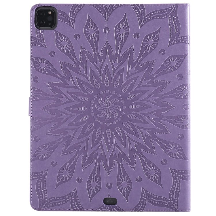 For iPad Pro 12.9 (2020) & Pro 12.9 (2018) Pressed Printing Sunflower Pattern Horizontal Flip PU Leather Tablet Case with Holder & Card Slots & Wallet(Purple) - iPad Pro 12.9 (2020) Cases by buy2fix | Online Shopping UK | buy2fix
