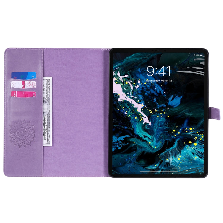 For iPad Pro 12.9 (2020) & Pro 12.9 (2018) Pressed Printing Sunflower Pattern Horizontal Flip PU Leather Tablet Case with Holder & Card Slots & Wallet(Purple) - iPad Pro 12.9 (2020) Cases by buy2fix | Online Shopping UK | buy2fix